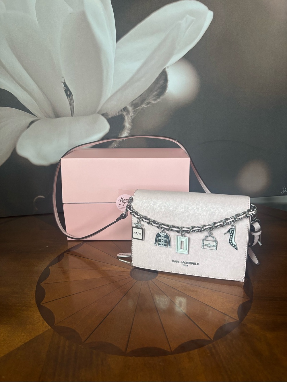 Karl Lagerfeld Pale Pink Charm-Accented Crossbody Bag